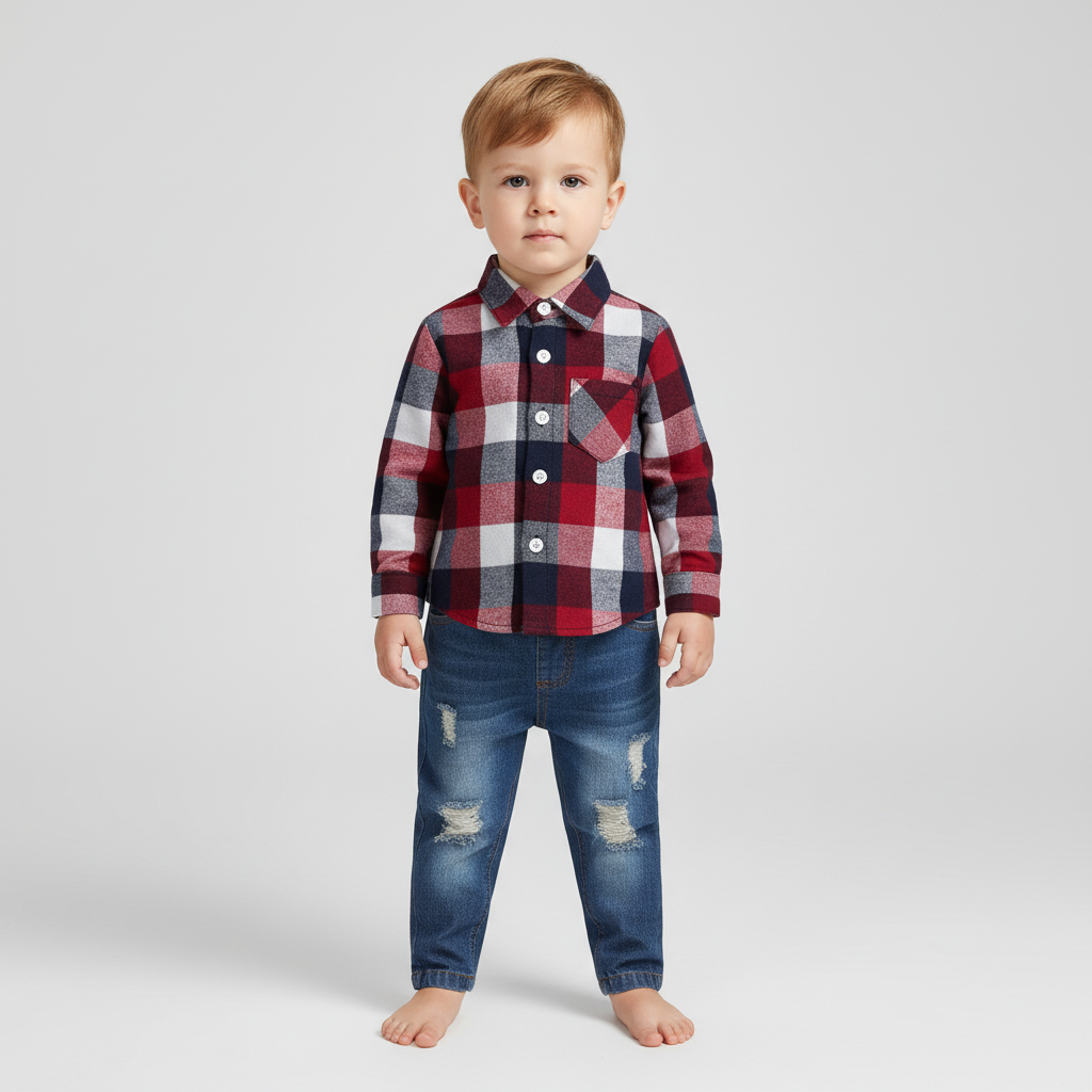Kleinkinderanzug mit kariertem Flanellhemd und Jeans mit elastischem Bund