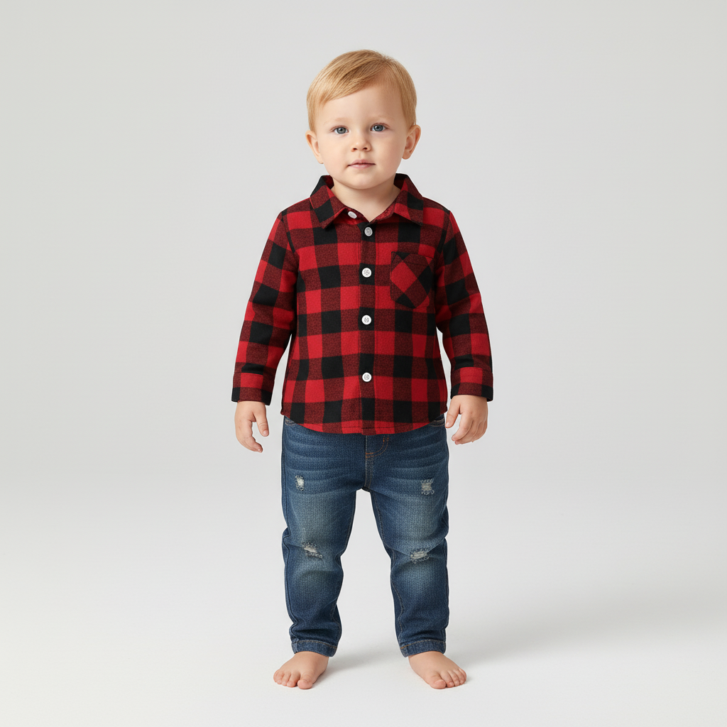 Kleinkinderanzug mit kariertem Flanellhemd und Jeans mit elastischem Bund