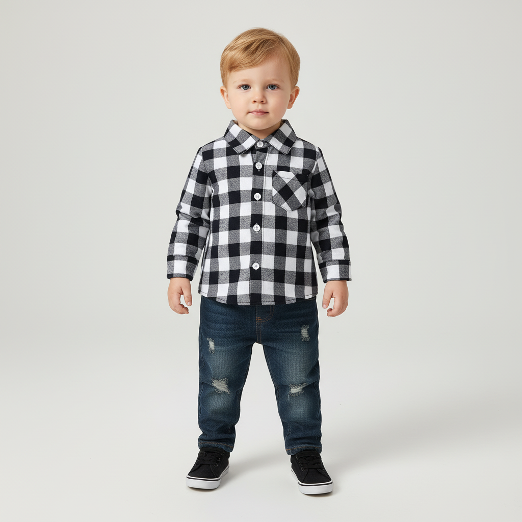 Kleinkinderanzug mit kariertem Flanellhemd und Jeans mit elastischem Bund
