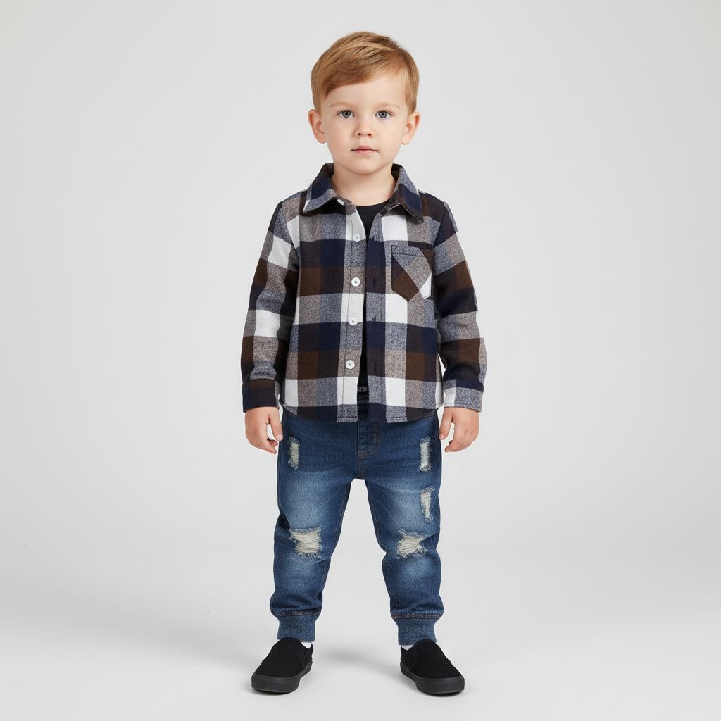 Kleinkinderanzug mit kariertem Flanellhemd und Jeans mit elastischem Bund