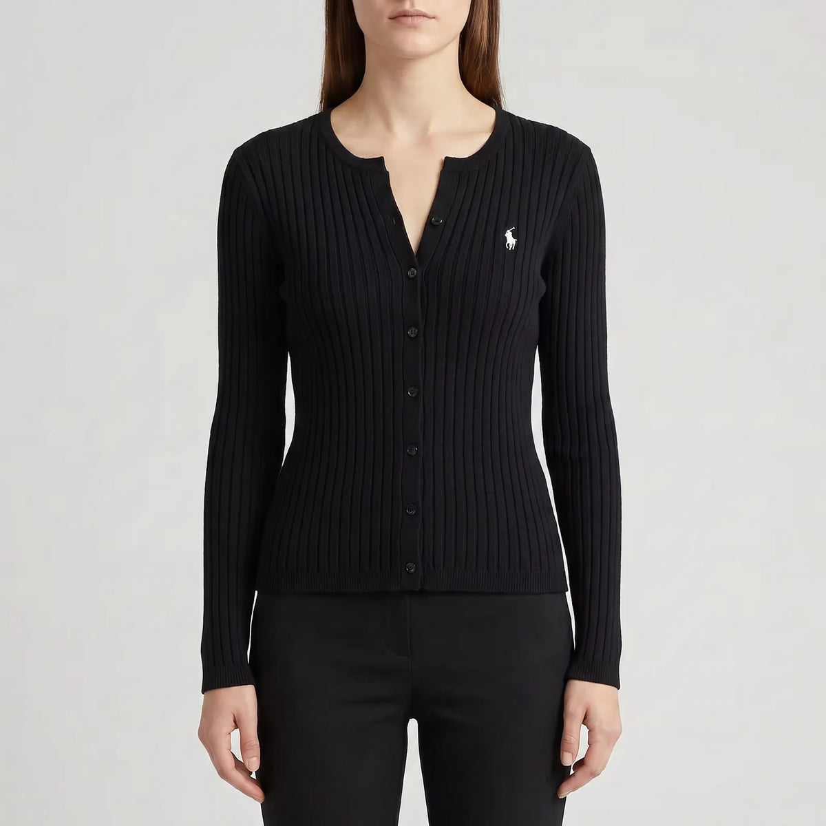 Gerippter Strickcardigin Damen mit Knopfleiste und Bruststickerei