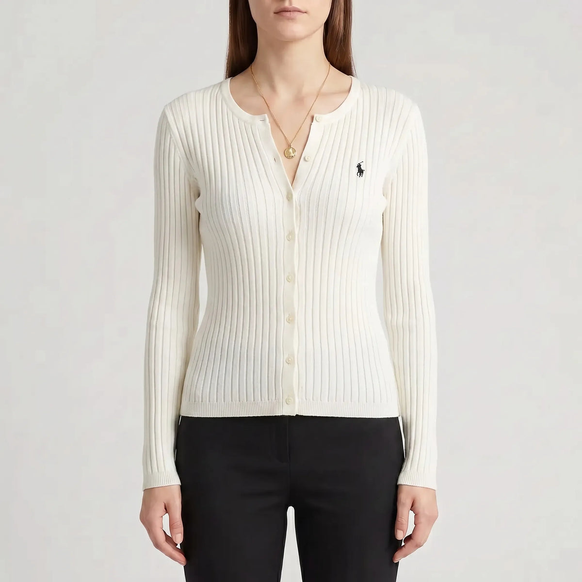 Gerippter Strickcardigin Damen mit Knopfleiste und Bruststickerei