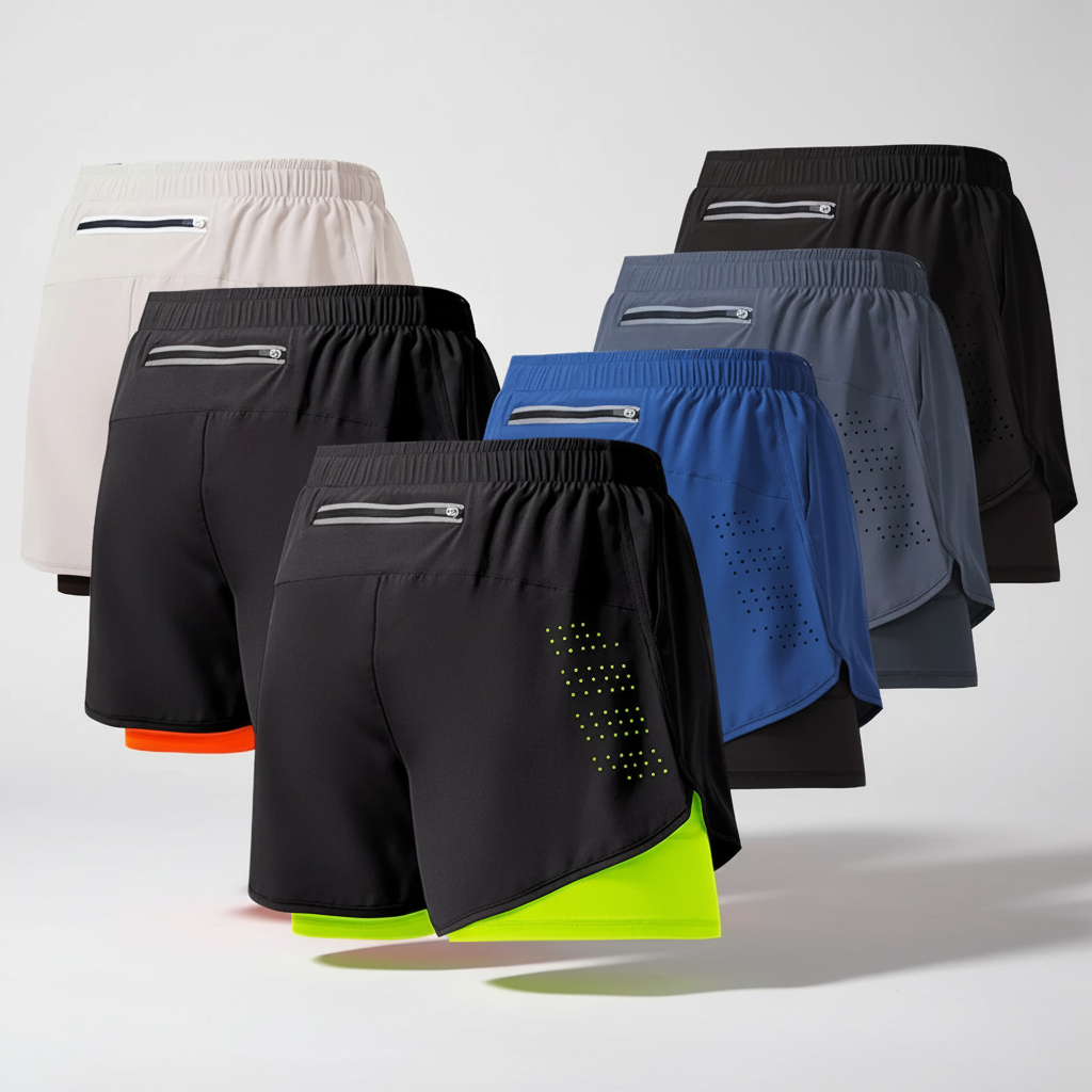 Zweilagige Herren Laufshorts schnelltrocknend mit Reissverschlusstasche und Reflektoren
