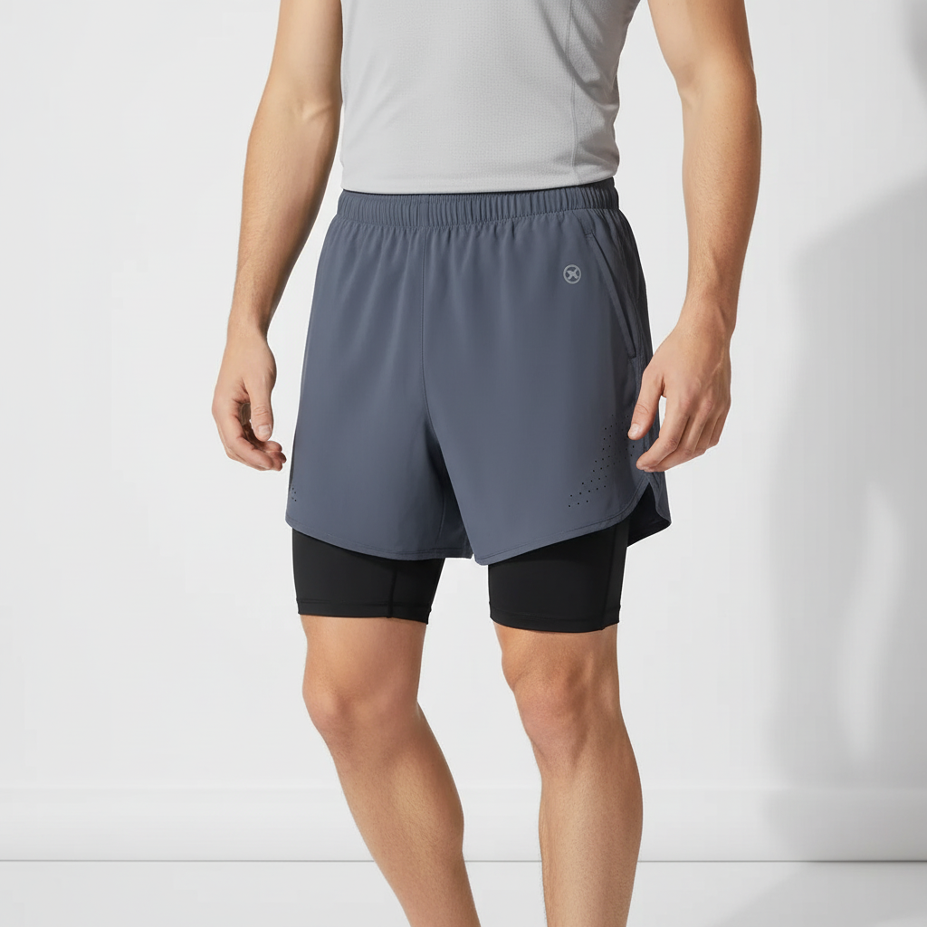 Zweilagige Herren Laufshorts schnelltrocknend mit Reissverschlusstasche und Reflektoren