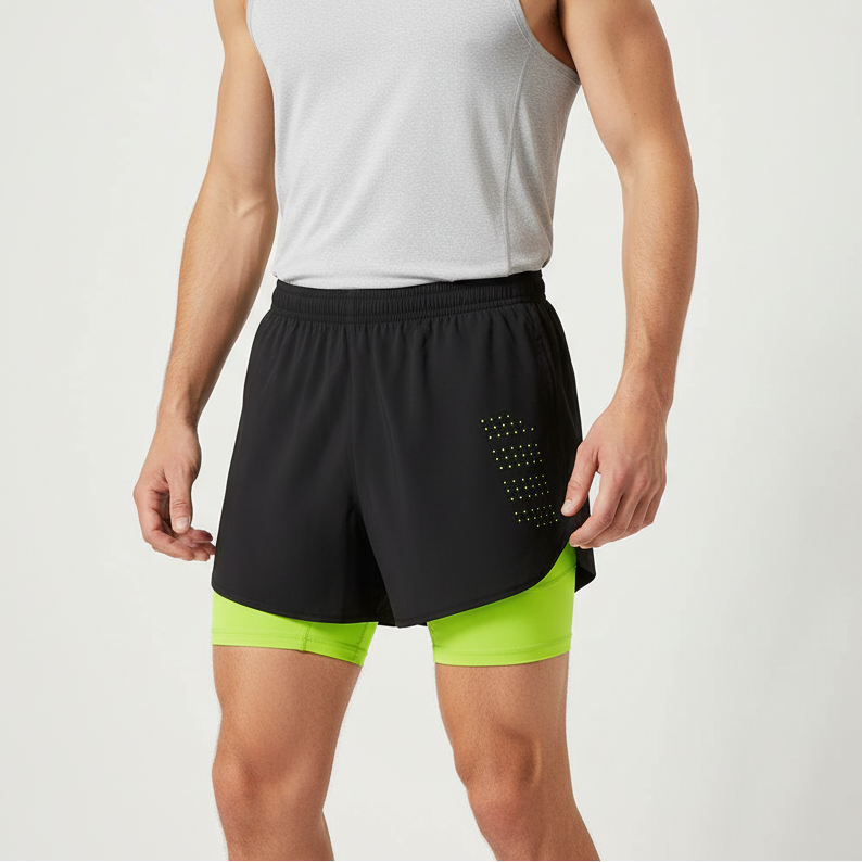 Zweilagige Herren Laufshorts schnelltrocknend mit Reissverschlusstasche und Reflektoren