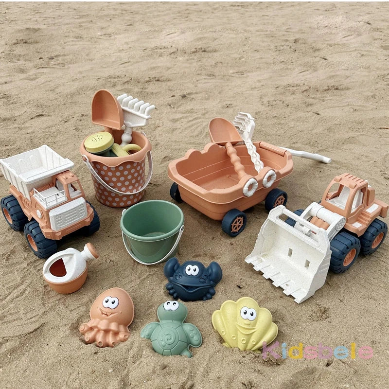 Sandspielzeug-Set für Kinder mit Bagger, Kran und Meerestier-Förmchen