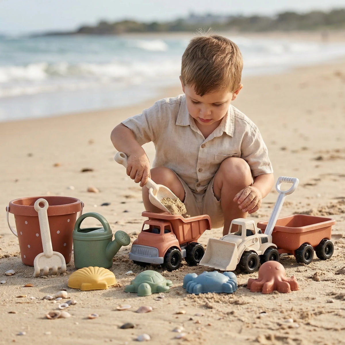 Sandspielzeug-Set für Kinder mit Bagger, Kran und Meerestier-Förmchen