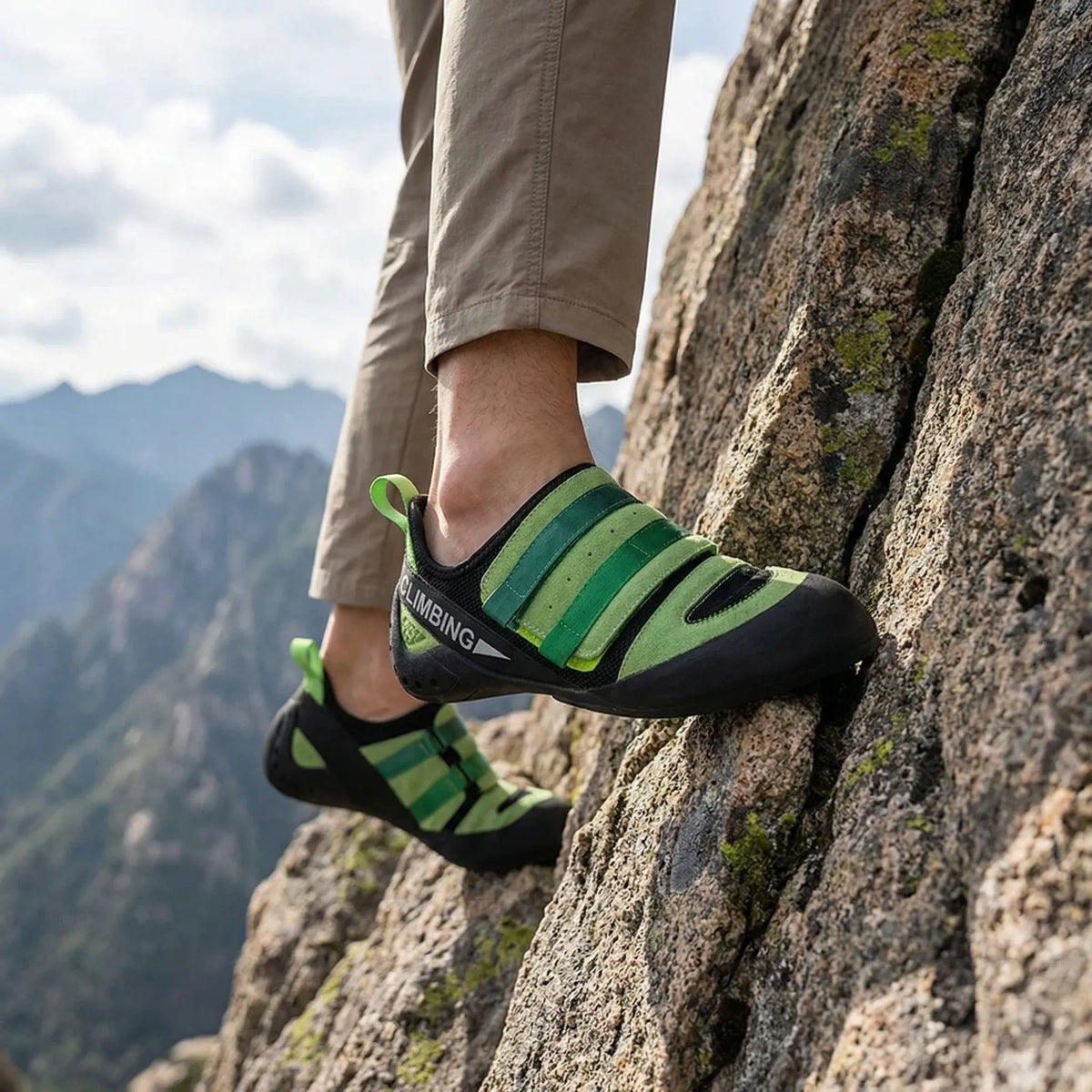 Anfänger-Kletterschuh mit Klettverschluss, flache Gummisohle und atmungsaktivem Mesh