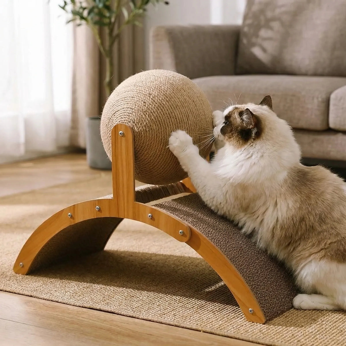 Katzenkratzbaum 2-in-1 mit Sisalball und gebogenem Kratzbrett aus Massivholz