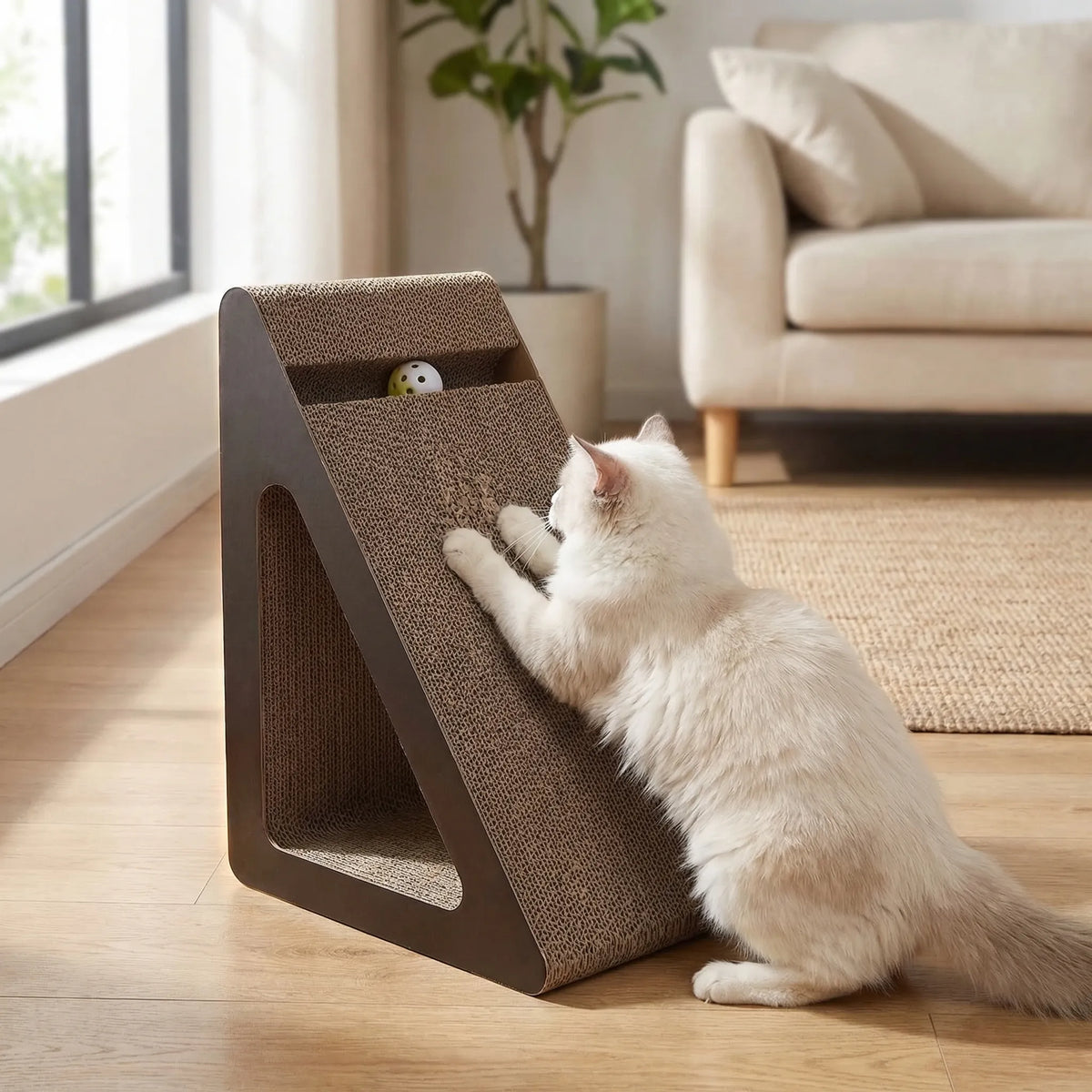 Dreieckiges Katzenkratzbrett mit Spielball für Krallenpflege und Spiel