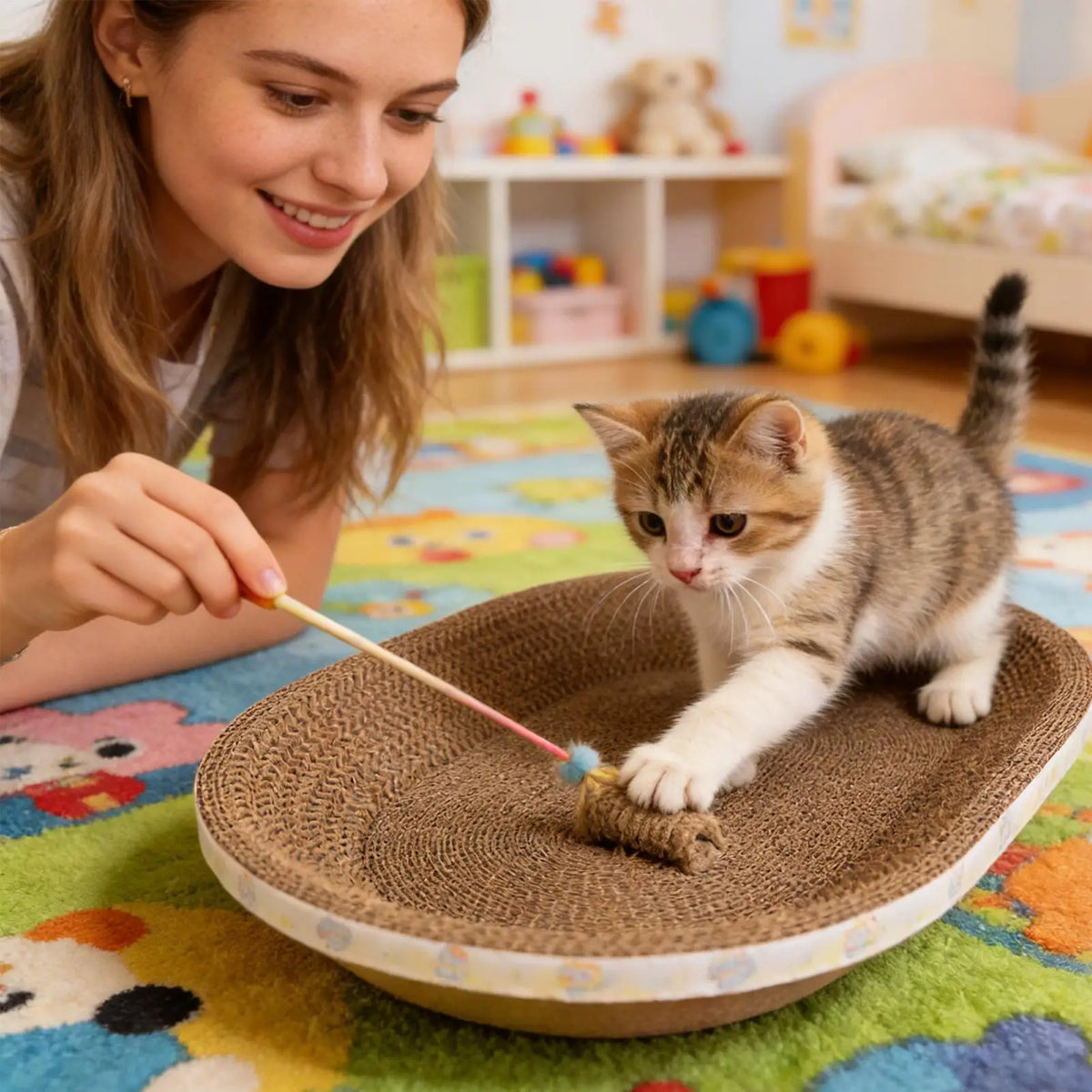 Ovaler Katzenkratzbaum aus Wellpappe, Kratzbrett und Liegemulde für Katzen