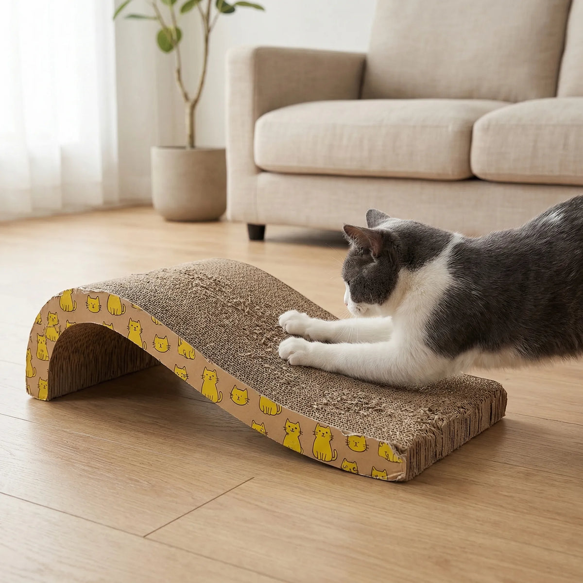 Wellenförmiges Katzenkratzbrett aus Wellpappe mit Liegefunktion
