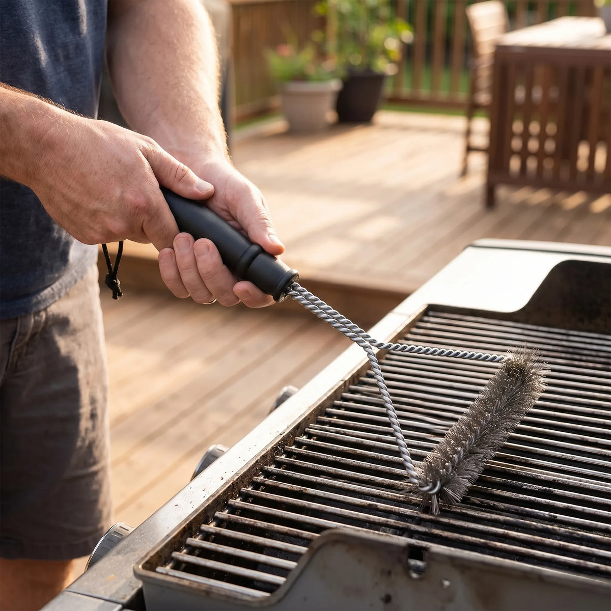 Grillbürste Dreikopf mit starren Borsten und Aufhängeschleife
