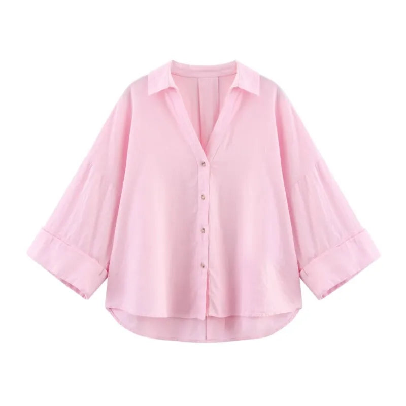 Bluse mit weiten Ärmeln und asymmetrischem Saum Johnny-Kragen Knopfleiste