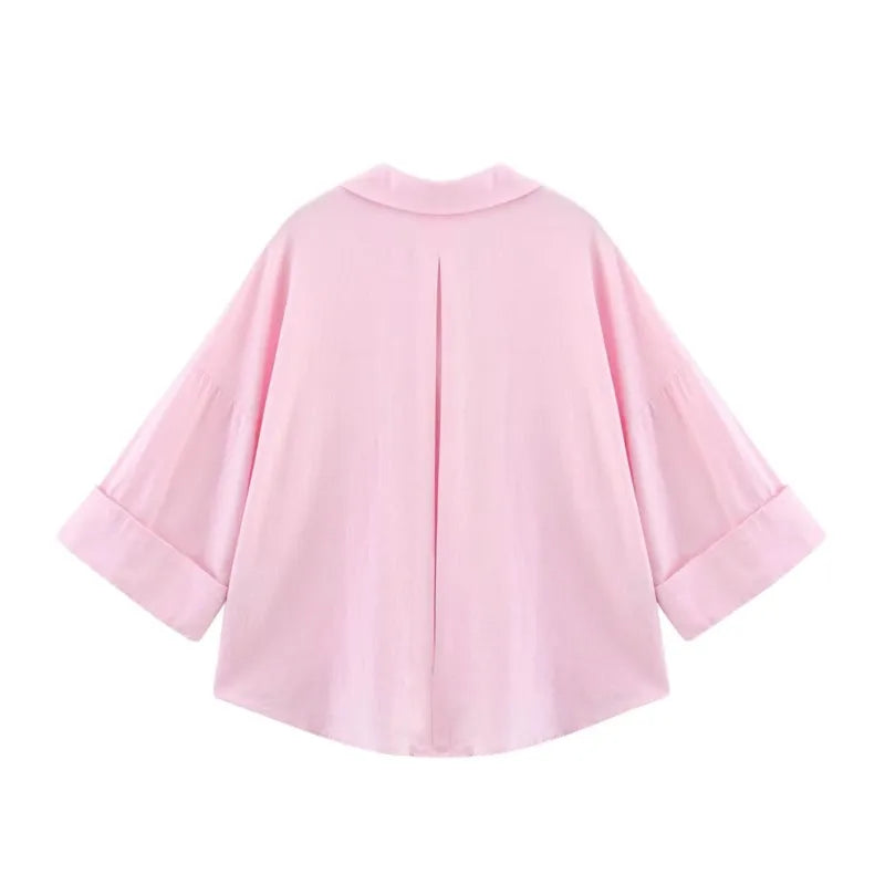 Bluse mit weiten Ärmeln und asymmetrischem Saum Johnny-Kragen Knopfleiste