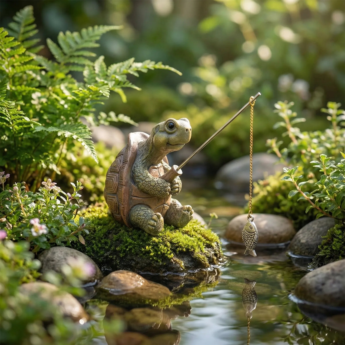 Schildkröte Gartenskulptur mit Angelrute und Fischanhänger detaillierte Figur
