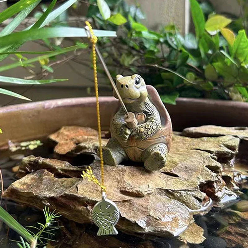 Schildkröte Gartenskulptur mit Angelrute und Fischanhänger detaillierte Figur