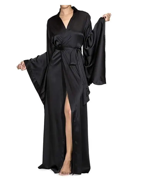 Langer Wickel-Bademantel mit breiten Ärmeln und Satin-Glanz elegant