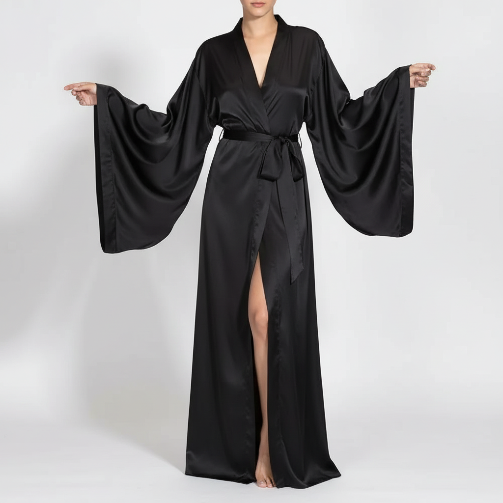 Langer Wickel-Bademantel mit breiten Ärmeln und Satin-Glanz elegant