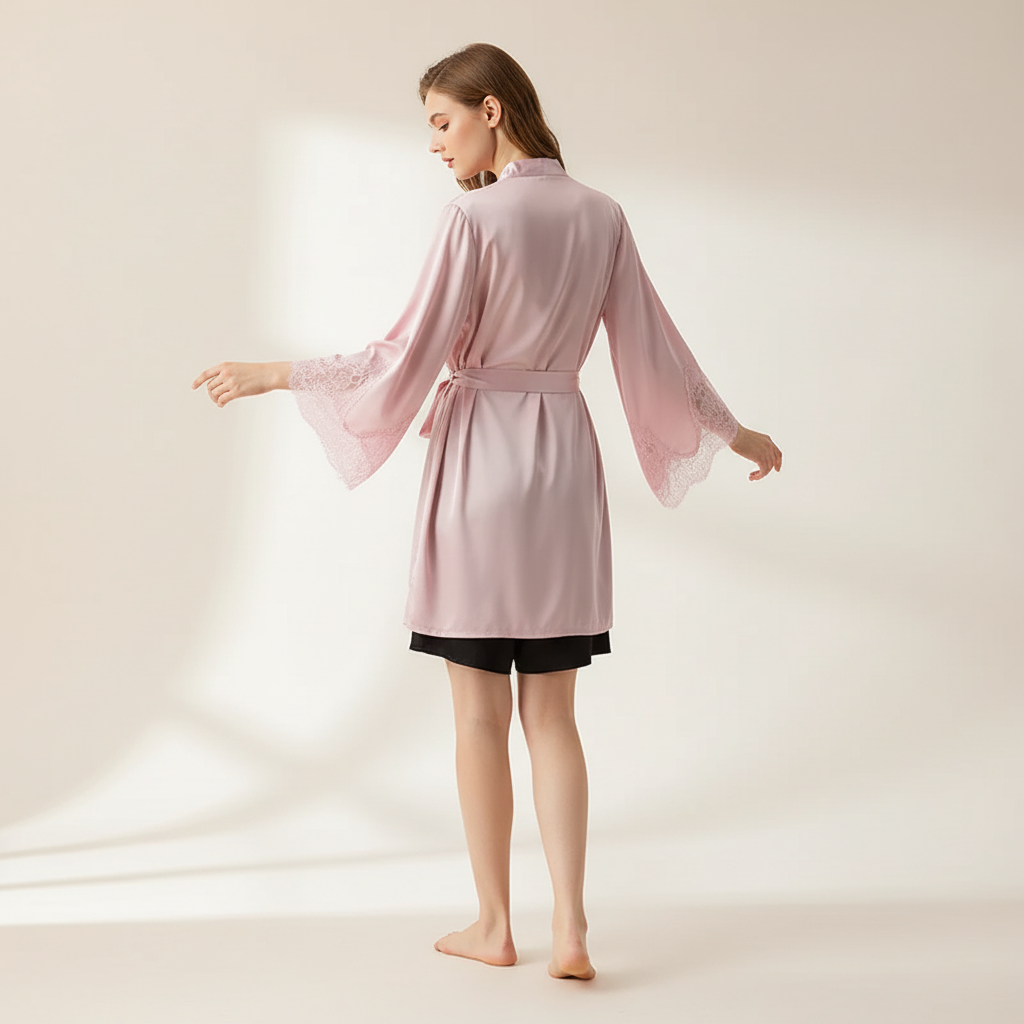 Kurzer Kimono-Bademantel mit Spitzenverzierung