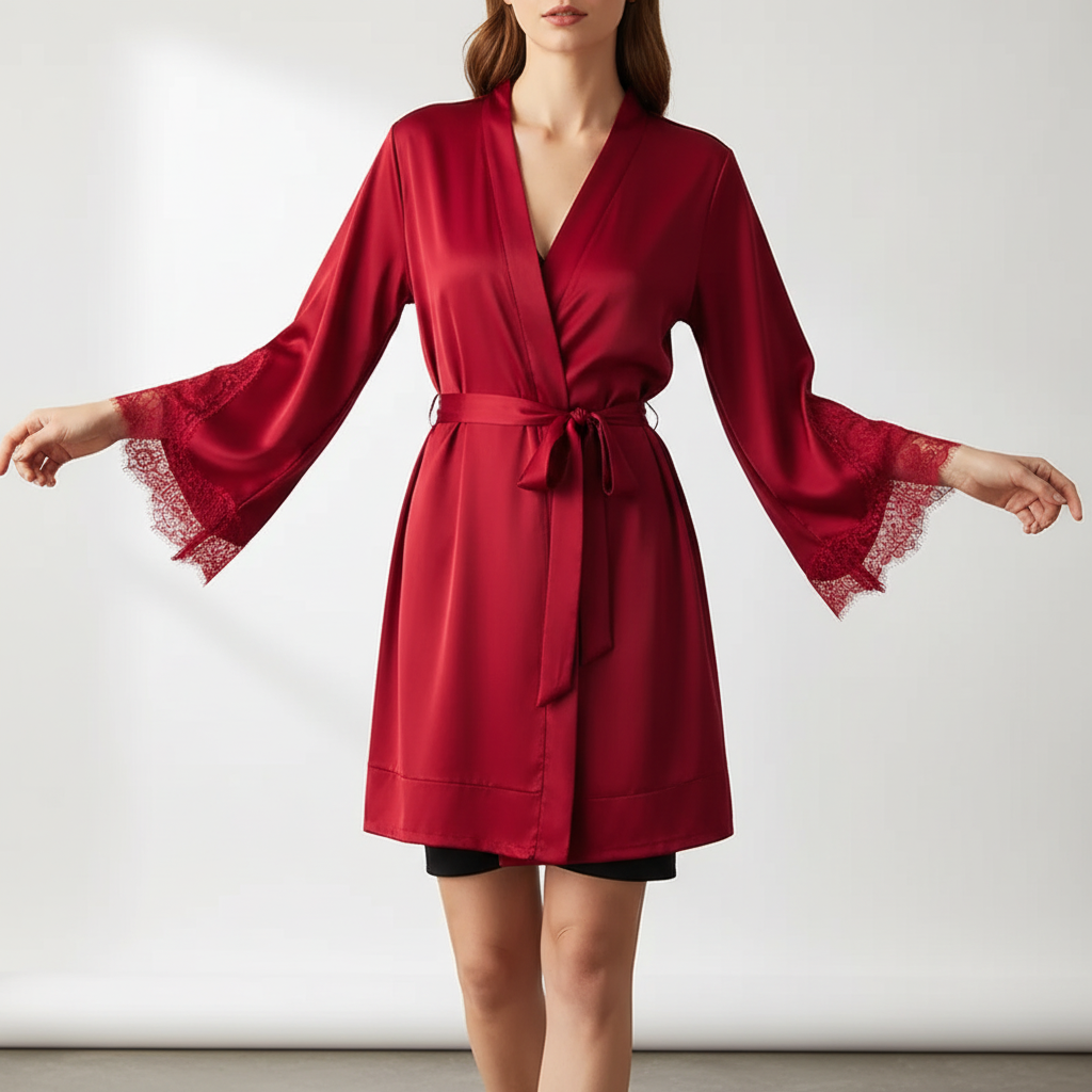 Kurzer Kimono-Bademantel mit Spitzenverzierung