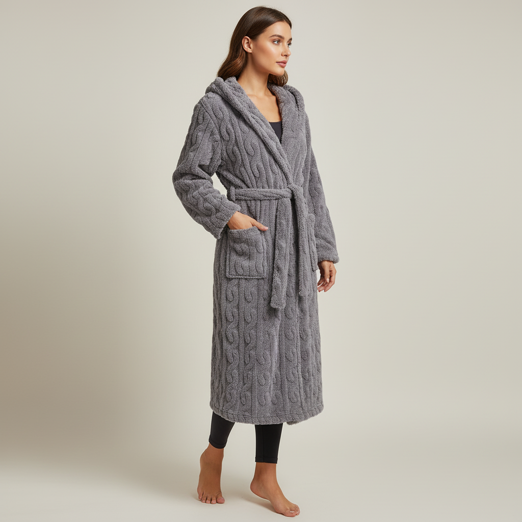 Langer Kapuzen-Bademantel Baumwollflanell warm gemütlich funktional