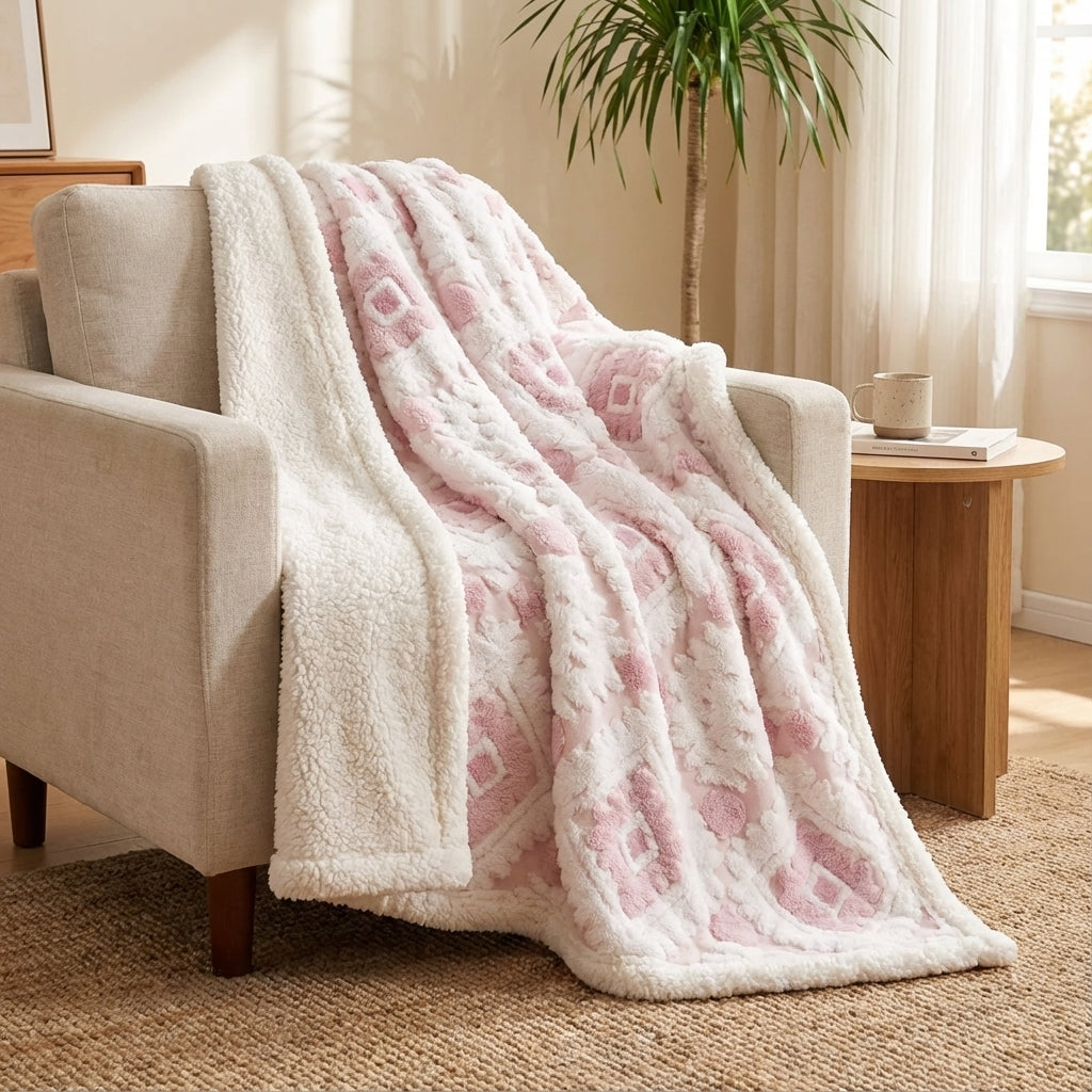 Doppellagige Wurfdecke mit Jacquard-Muster und plüschiger Innenseite