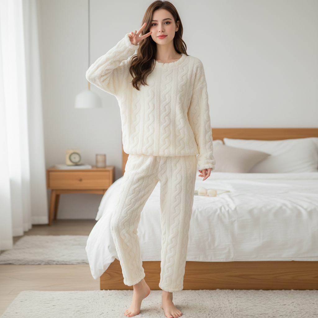 Damen-Pyjama-Set Winter warm kuschelig knöchellang