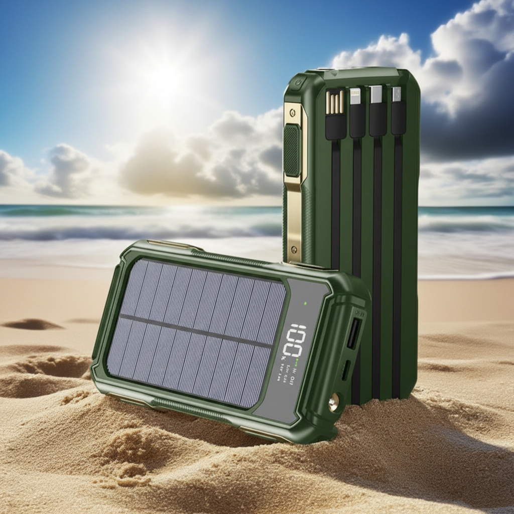 Solar-Powerbank mit Schnellladung und integrierten Kabeln