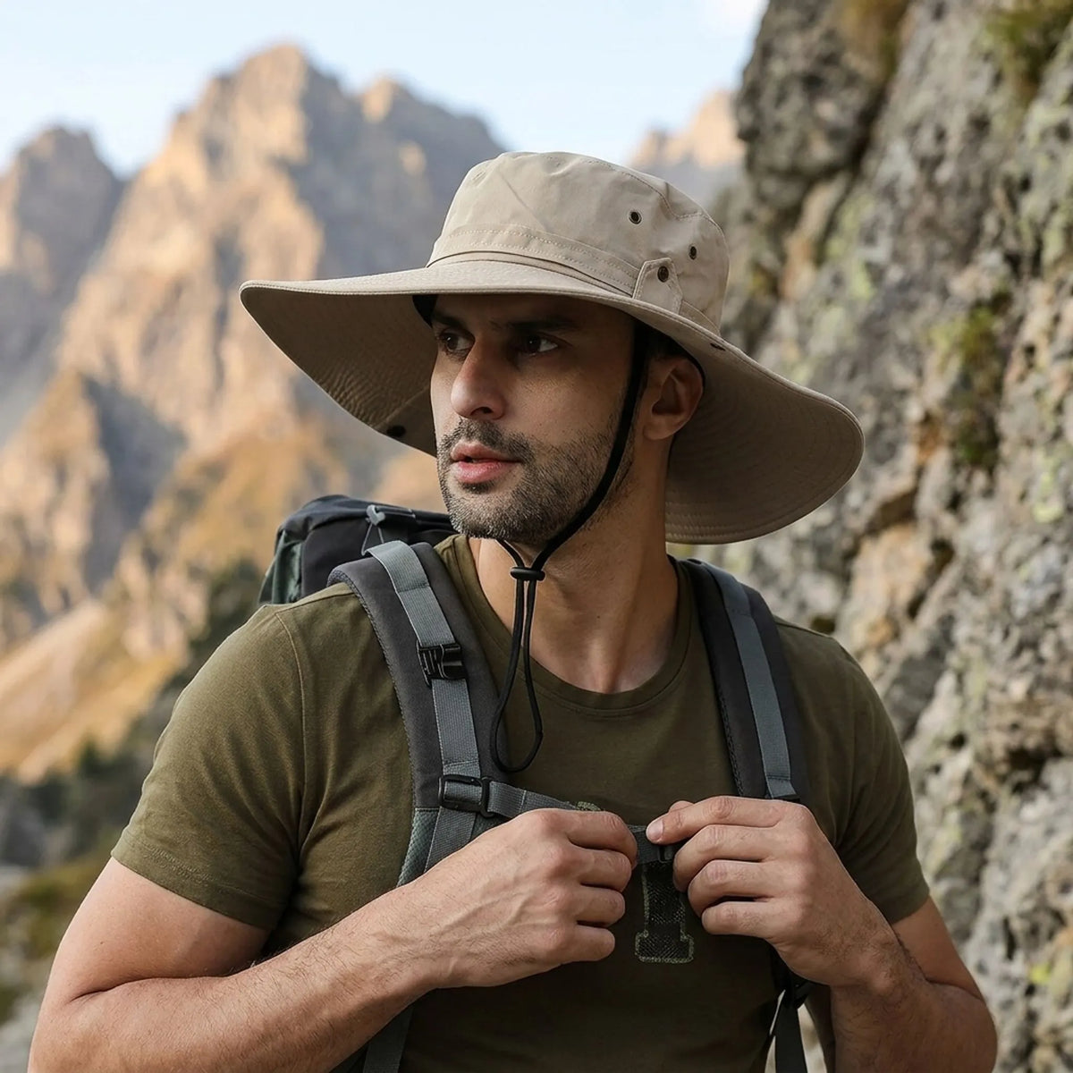 Breitrandiger Sonnenhut mit Kinnriemen und Belüftungslöchern