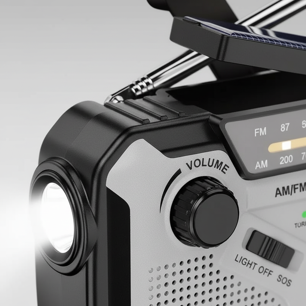 Notfallradio mit Handkurbel, Solarpanel und LED-Taschenlampe