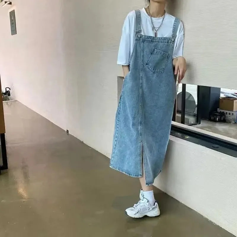 Denim-Trägerkleid Midi verstellbare Träger legere Passform Brusttasche