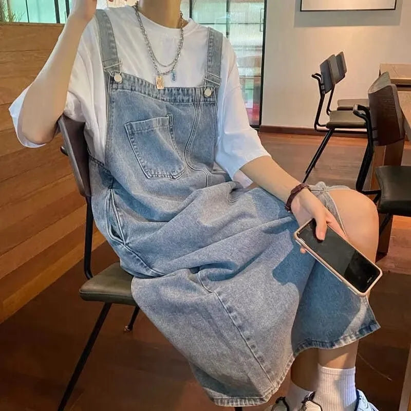 Denim-Trägerkleid Midi verstellbare Träger legere Passform Brusttasche
