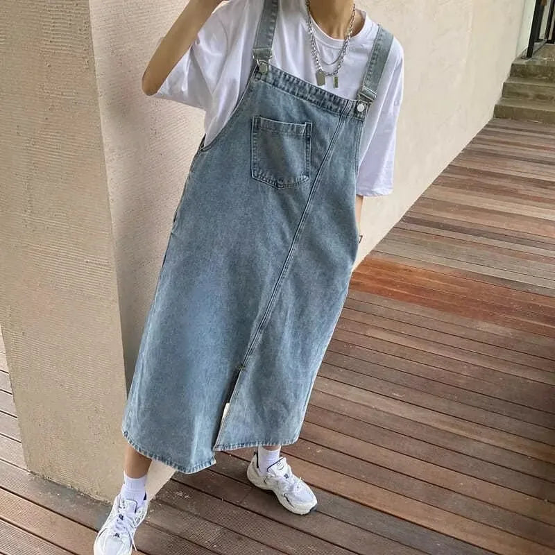 Denim-Trägerkleid Midi verstellbare Träger legere Passform Brusttasche