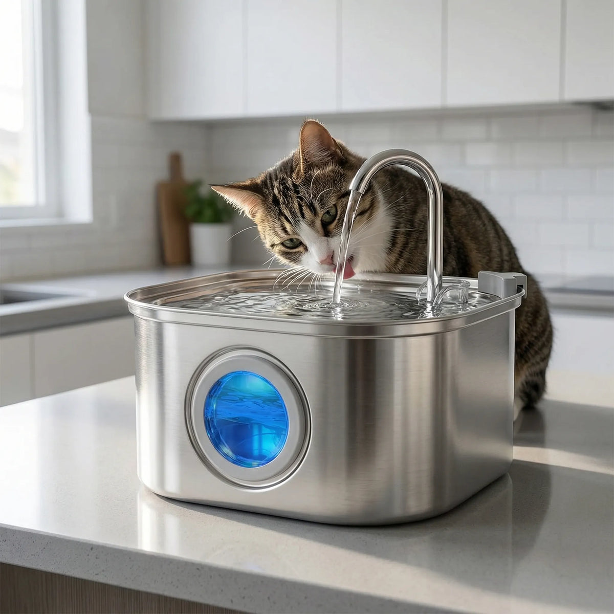 Automatischer Trinkbrunnen für Haustiere aus Edelstahl mit Filter und Bogen-Auslauf