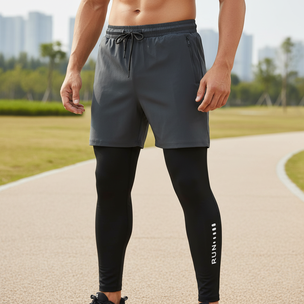 Herren-Trainingshose zweiteilig mit Kompressionslage und äußeren Shorts