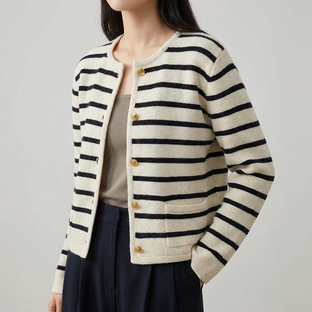 Gestreifter Damen-Cardigan kurz mit Knopfleiste Rundhals