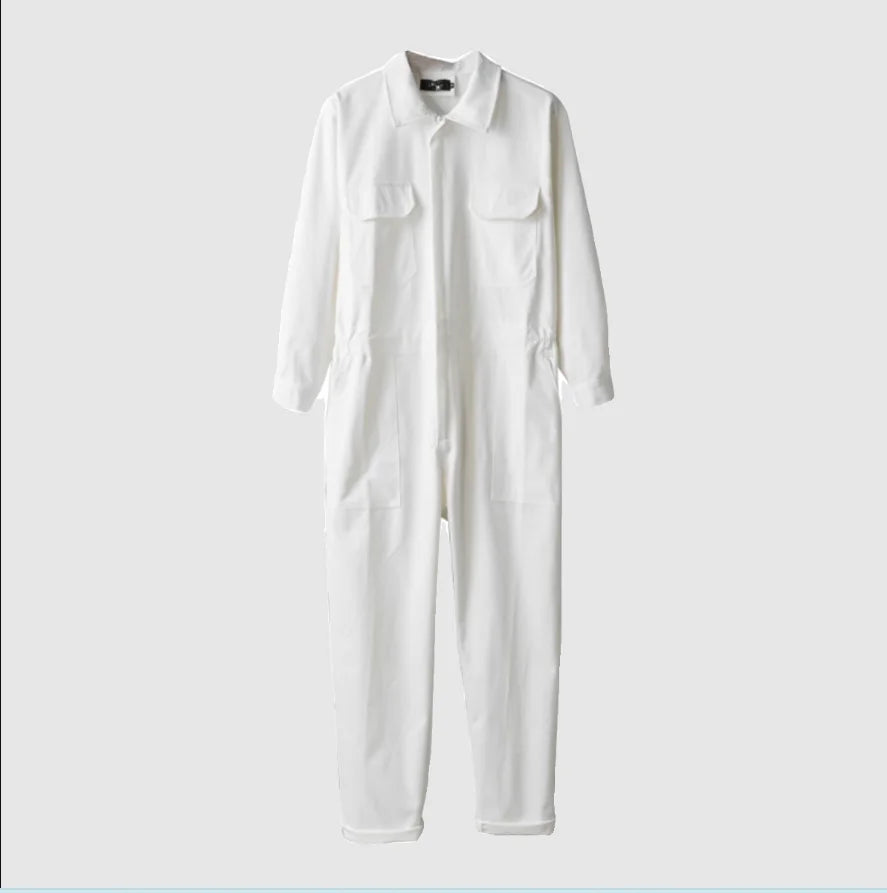 Herren-Jumpsuit Langarm weiß Cargo-Taschen tapered Knöchel
