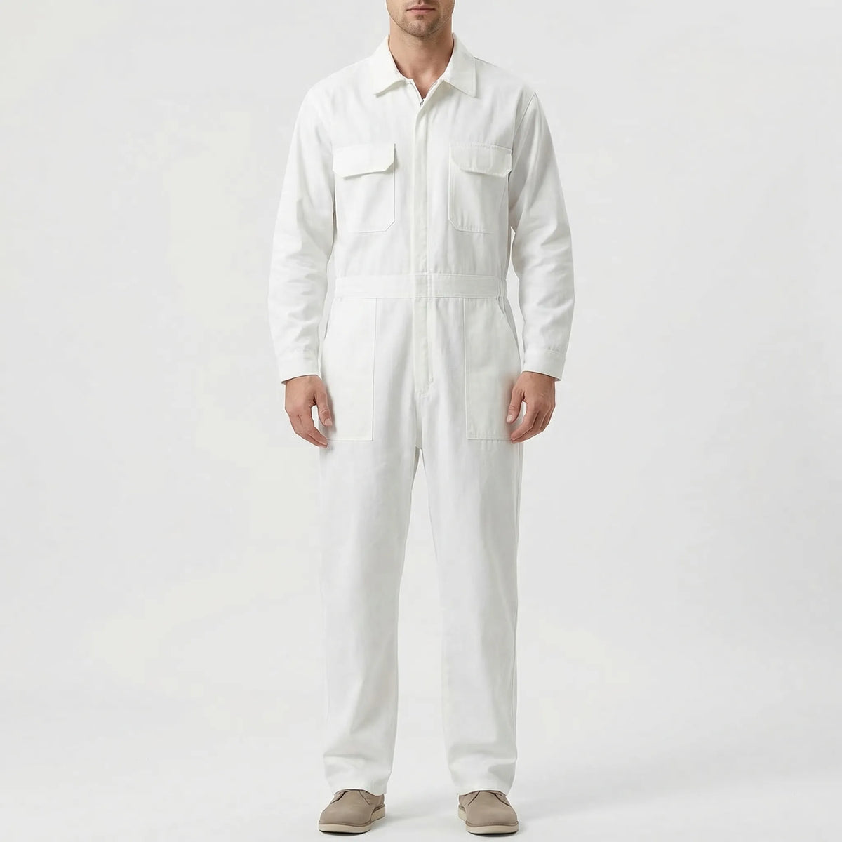 Herren-Jumpsuit Langarm weiß Cargo-Taschen tapered Knöchel