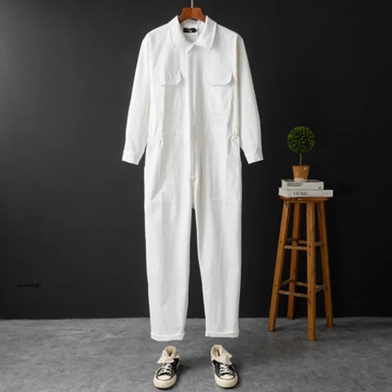 Herren-Jumpsuit Langarm weiß Cargo-Taschen tapered Knöchel