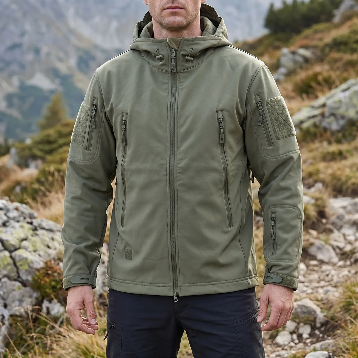 Taktische Softshell-Jacke mit Thermofütterung und Nutzungstaschen