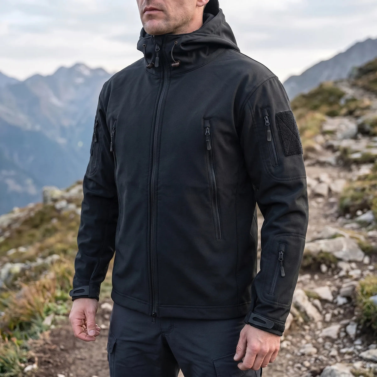 Taktische Softshell-Jacke mit Thermofütterung und Nutzungstaschen