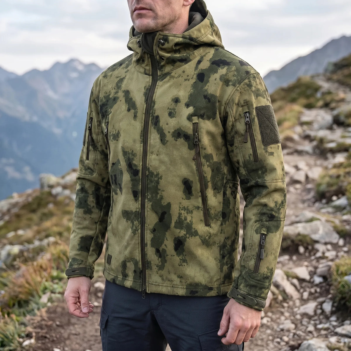 Taktische Softshell-Jacke mit Thermofütterung und Nutzungstaschen
