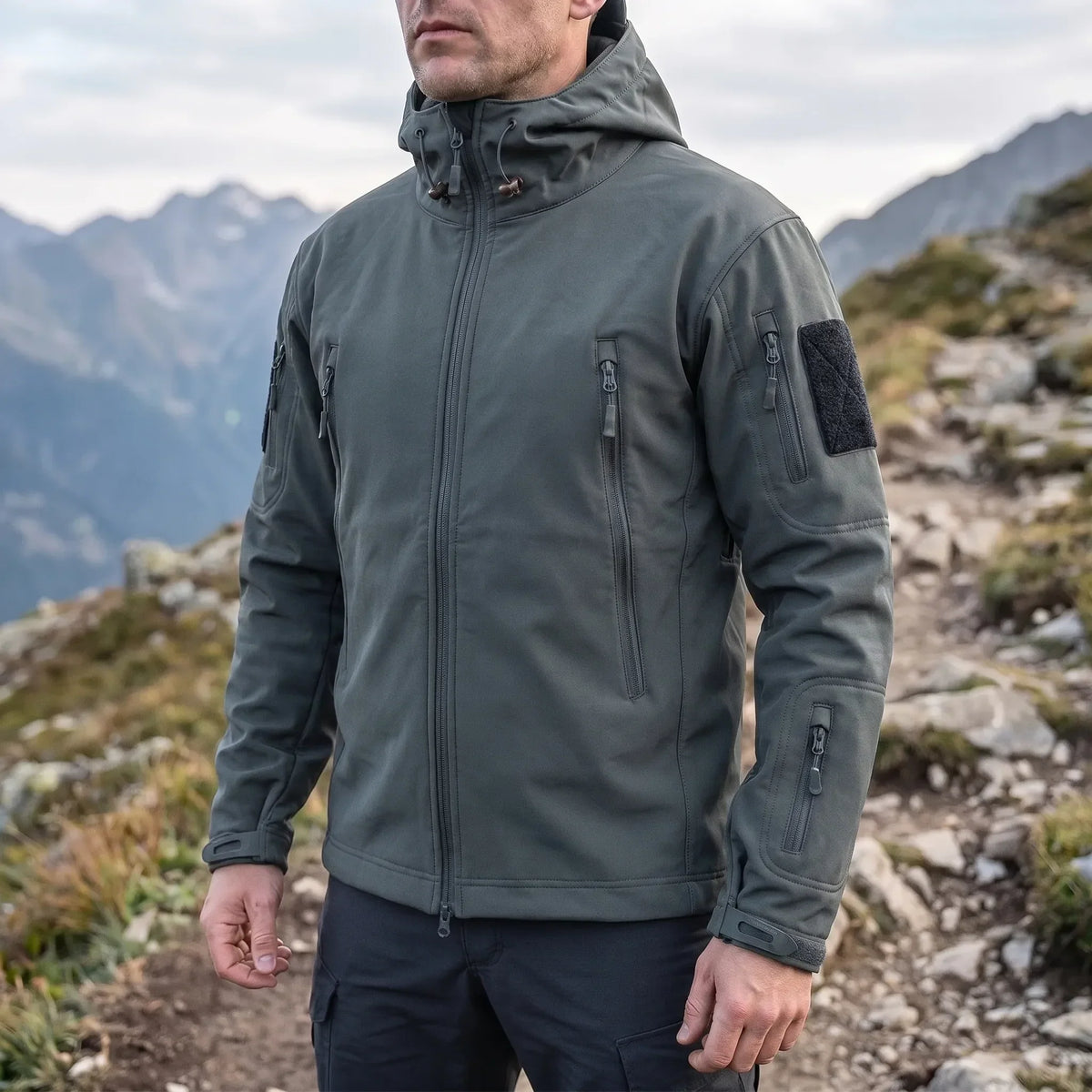 Taktische Softshell-Jacke mit Thermofütterung und Nutzungstaschen