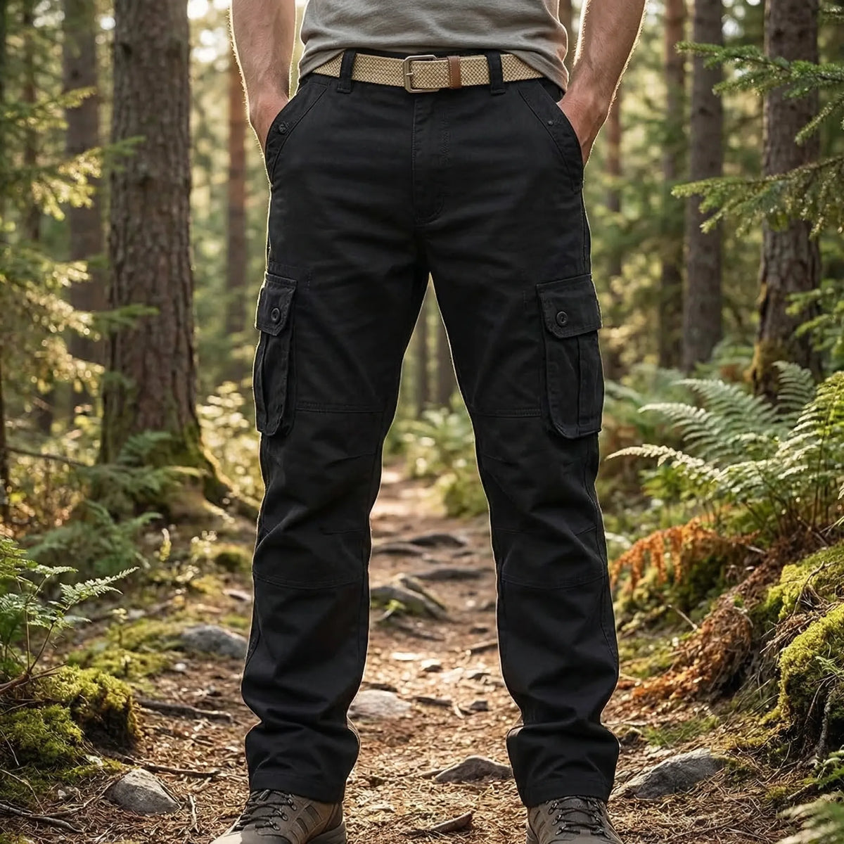 Herren-Cargohose mit mehreren Knopftaschen, gerader Schnitt, Outdoor