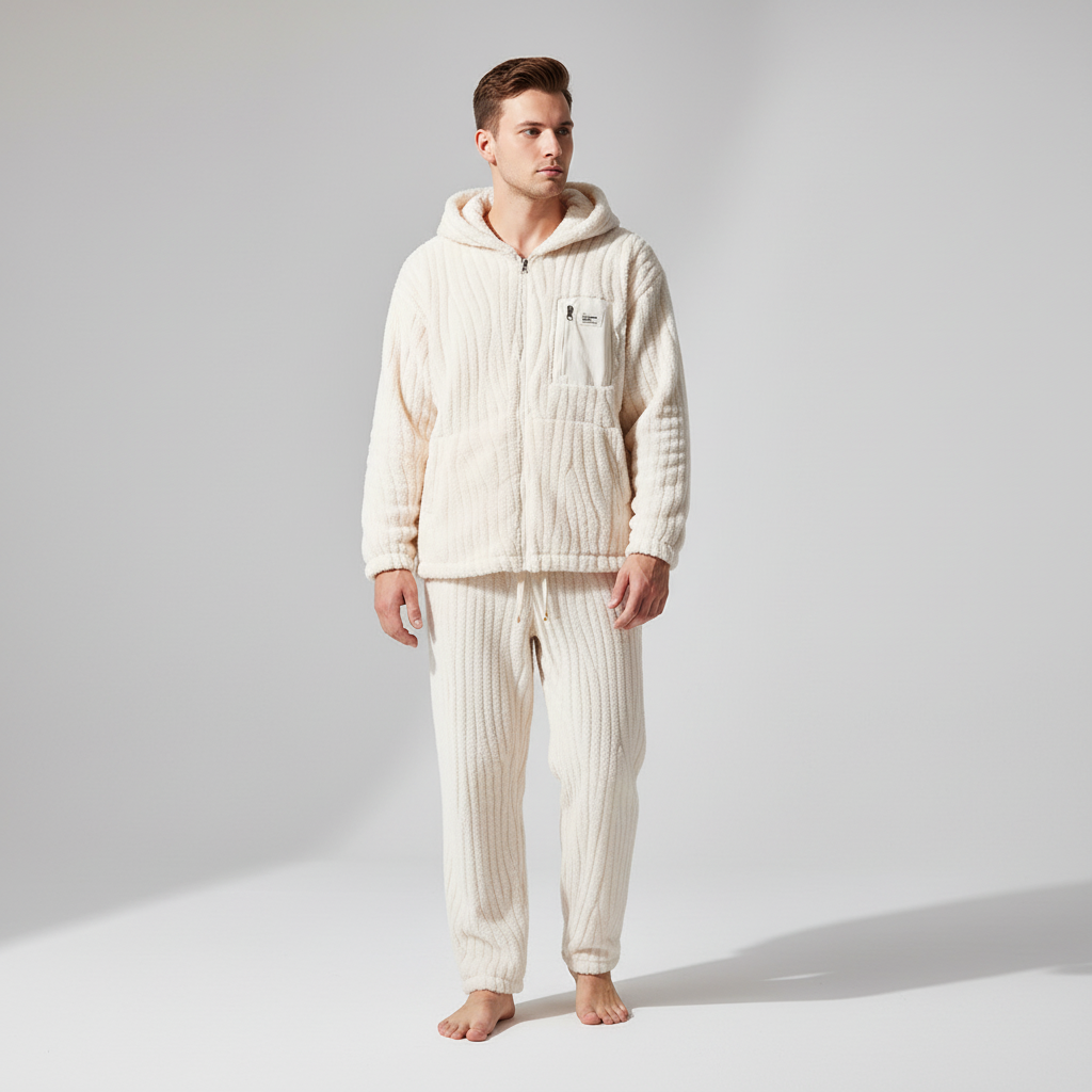 Herren-Pyjama-Set Kapuze Reißverschlussjacke warme Strickware