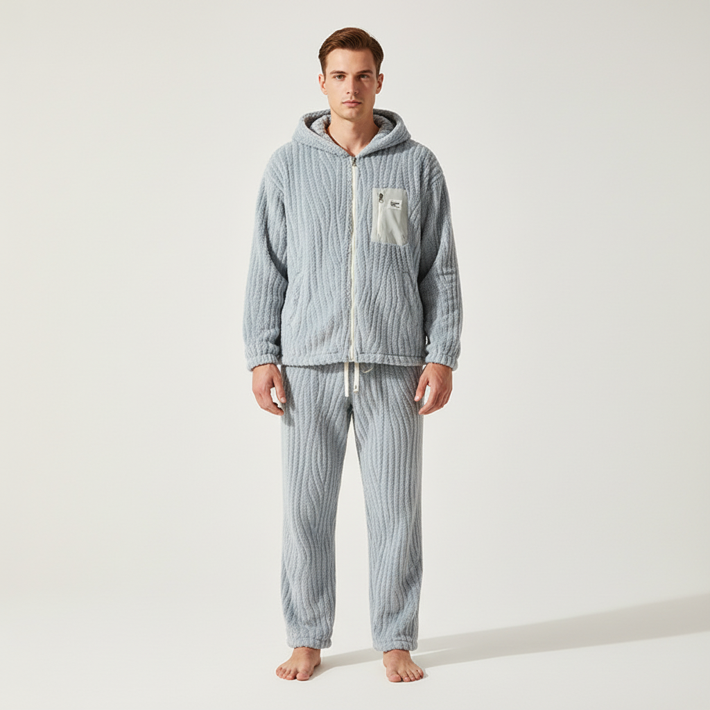 Herren-Pyjama-Set Kapuze Reißverschlussjacke warme Strickware