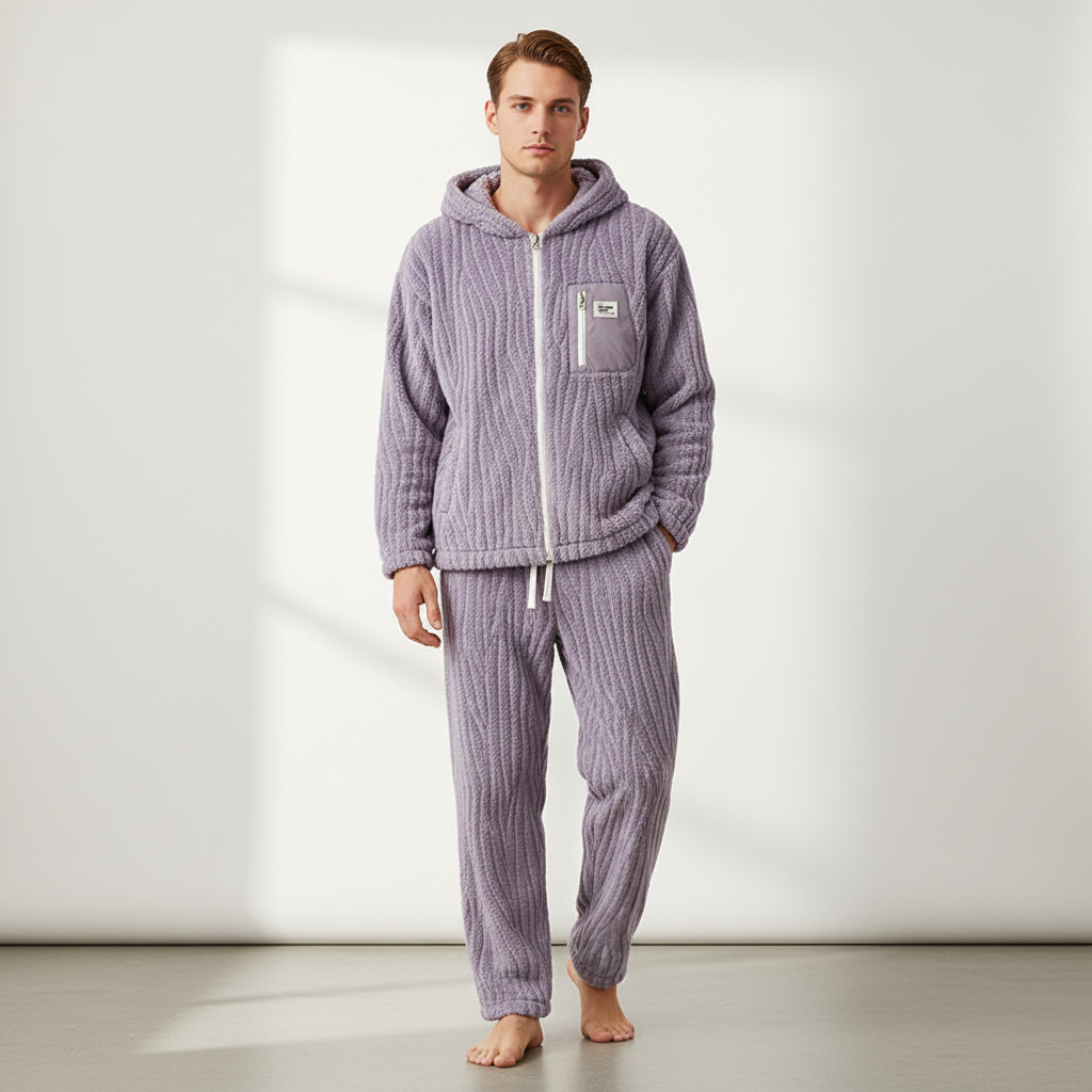 Herren-Pyjama-Set Kapuze Reißverschlussjacke warme Strickware