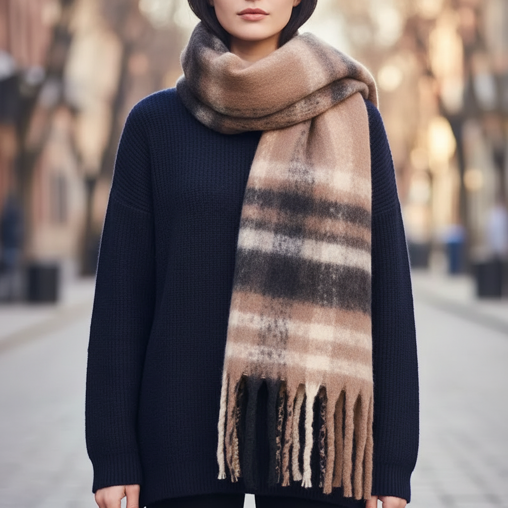 Übergroßer Winterschal mit gebürstetem Polyester und langen Fransen zum Layern
