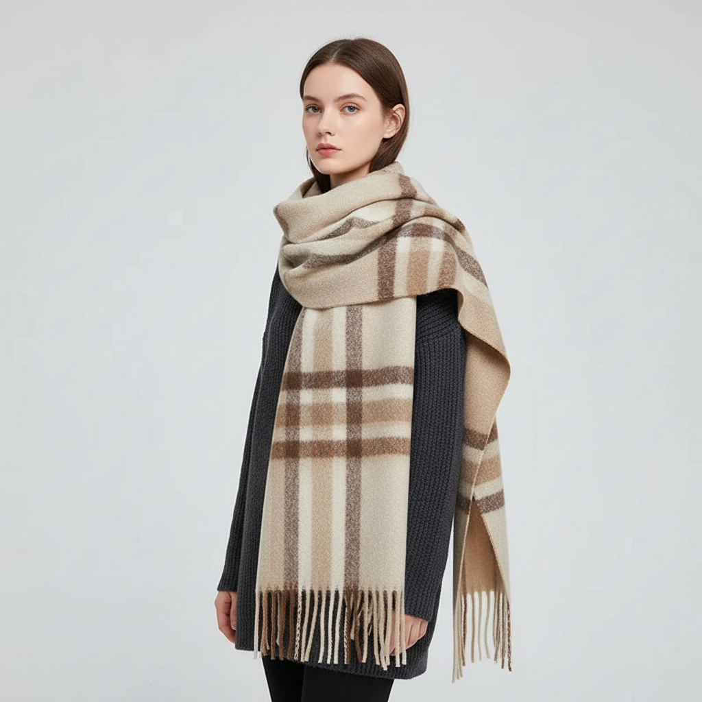 Übergroßer Winterschal mit gebürstetem Polyester und langen Fransen zum Layern